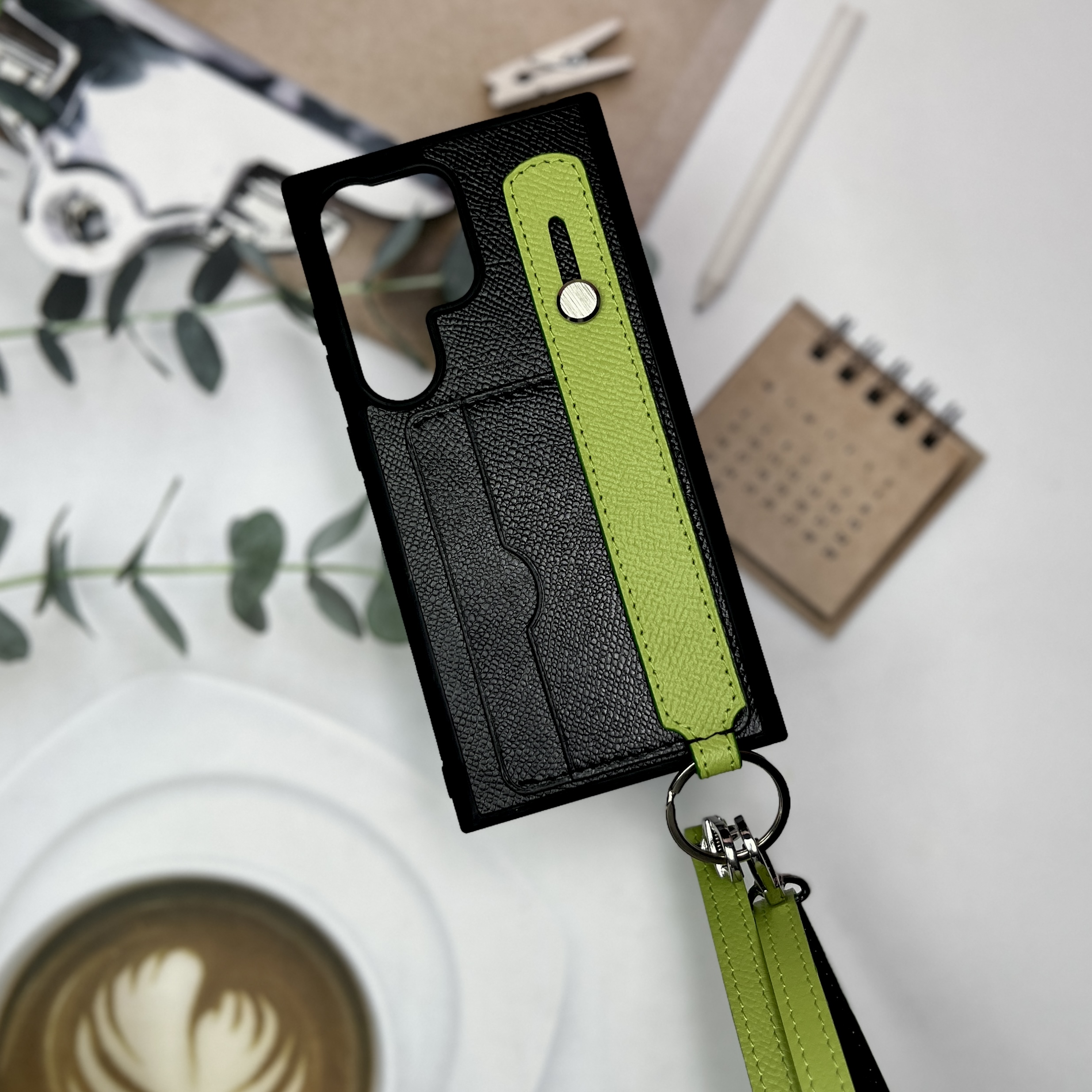 Ốp da thủ công hai ngăn thẻ, handstrap kèm dây đeo chéo mix màu dành cho Sam Sung